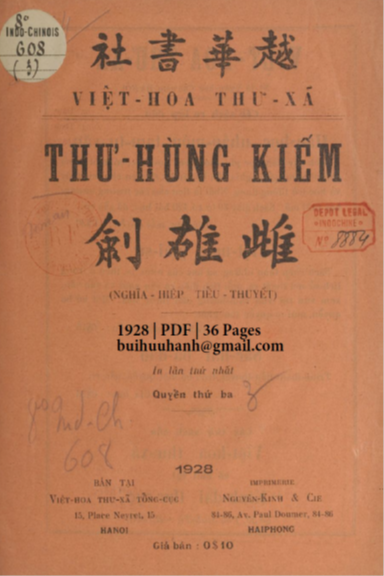 Thư Hùng Kiếm Quyển 3 (NXB Việt Hoa Thư Xã 1928) - Nhiều Tác Giả, 36 Trang