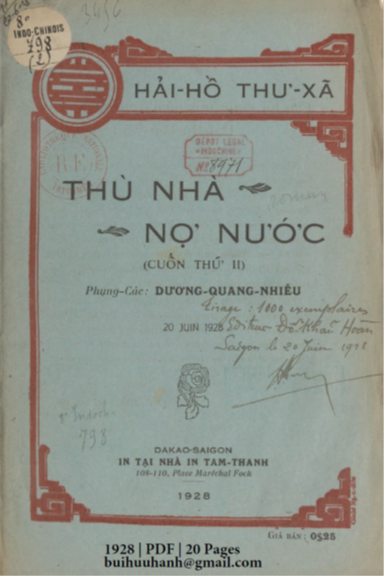 Thù Nhà Nợ Nước Cuốn 2 (NXB Xưa Nay 1928) - Dương Quang Nhiễu, 20 Trang