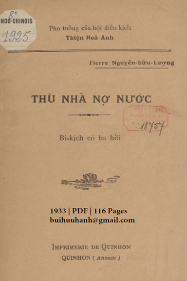 Thù Nhà Nợ Nước (NXB Qui Nhơn 1933) - Nguyễn Hữu Lượng, 116 Trang