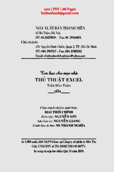 Thủ Thuật Excel (NXB Thanh Niên 2010) - Trần Bảo Toàn, 186 Trang