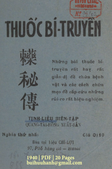 Thuốc Bí Truyền (NXB Quang Tài Hồng 1940) - Tịnh Liễu, 20 Trang