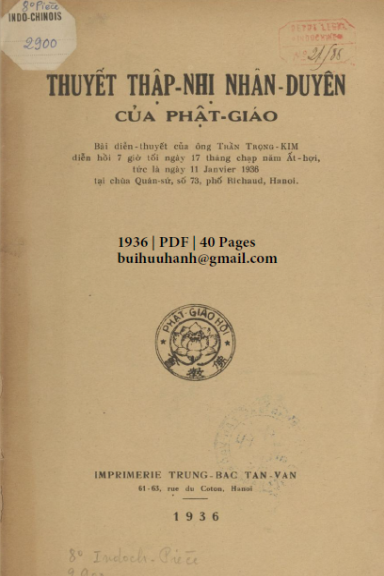 Thuyết Thập Nhị Nhân Duyên Của Phật Giáo (NXB Trung Bắc Tân Văn 1936) - Trần Trọng Kim, 40 Trang