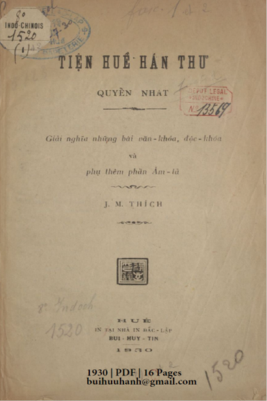 Tiện Huề Hán Thư Quyển 1 (NXB Đắc Lập 1930) - Joseph M. Thích, 16 Trang