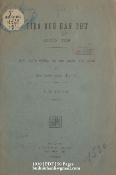 Tiện Huề Hán Thư Quyển 3 (NXB Đắc Lập 1930) - Joseph M. Thích, 50 Trang