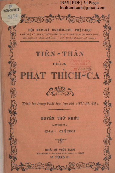 Tiền Thân Của Phật Thích Ca Quyển 1 (NXB Việt Nam 1935) - Trần Nguyên Chấn, 54 Trang