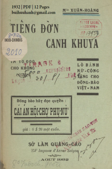 Tiếng Đờn Canh Khuya (NXB Bảo Tồn 1932) - Xuân Hoàng, 12 Trang