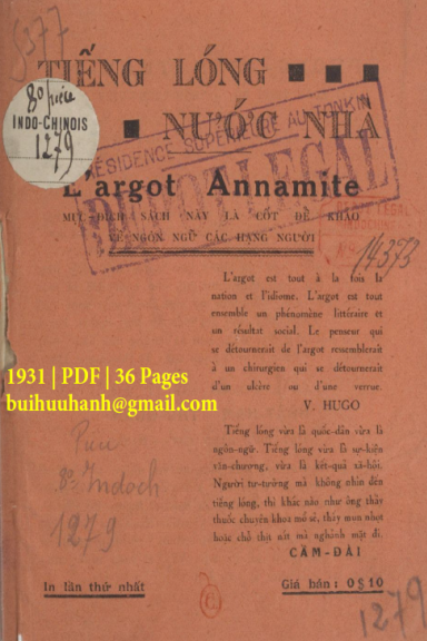 Tiếng Lóng Nước Nhà (NXB Trịnh Văn Bích 1931) - Trần Trung Viên, 36 Trang