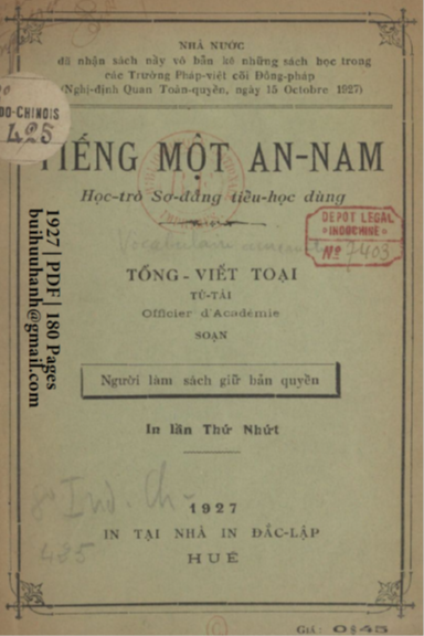 Tiếng Một Annam (NXB Đắc Lập 1927) - Tống Viết Toại, 180 Trang