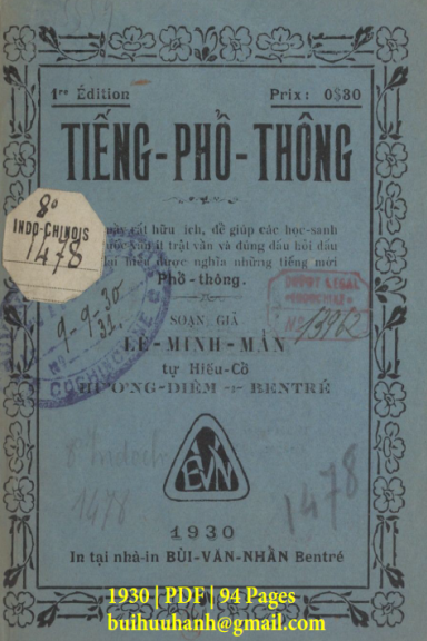 Tiếng Phổ Thông (NXB Bùi Văn Nhẩn 1930) - Lê Minh Mẩn, 94 Trang