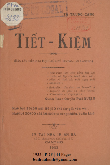 Tiết Kiệm (NXB An Hà 1933) - Tạ Trung Cang, 44 Trang