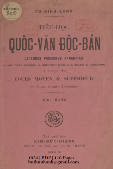 Tiểu Học Quốc Văn Độc Bản (NXB Kim Đức Giang 1924) - Vũ Đình Long, 110 Trang
