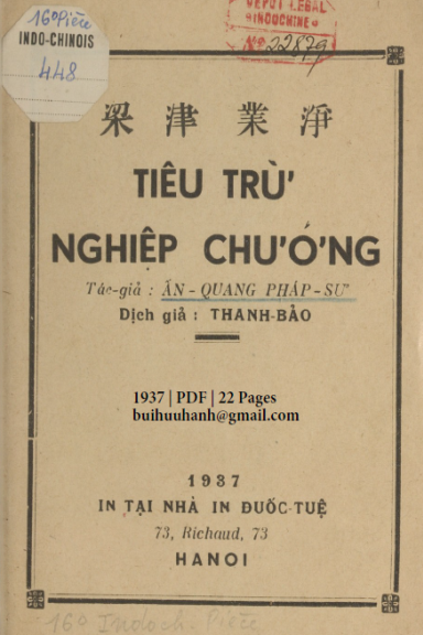 Tiêu Trừ Nghiệp Chướng (NXB Đuốc Tuệ 1937) - Ấn Quang Pháp Sư, 22 Trang