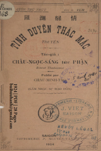 Tình Duyên Thắc Mắc Cuốn 1 (NXB Nguyễn Văn Viết 1924) - Châu Ngọc Sáng, 28 Trang