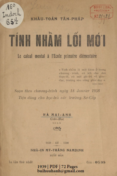 Tính Nhẩm Lối Mới (NXB Mỹ Thắng 1939) - Hà Mai Anh, 72 Trang