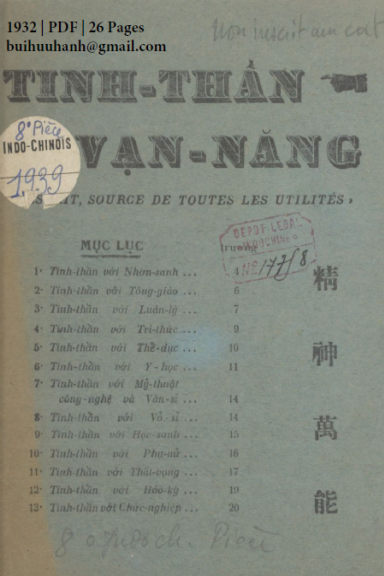 Tinh Thần Vạn Năng (NXB Đức Lưu Phương 1932) - Trương Dương Tử, 26 Trang