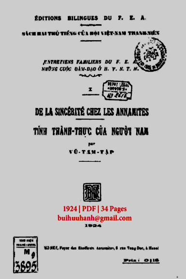 Tính Thành Thực Của Người Nam (NXB Hà Nội 1924) - Vũ Tam Tập, 34 Trang