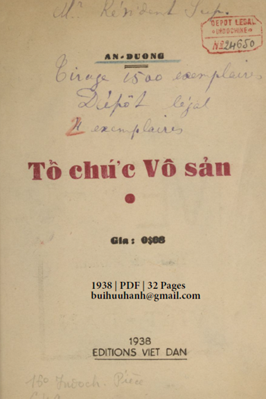 Tổ Chức Vô Sản (NXB Việt Dân 1938) - An Dương, 32 Trang