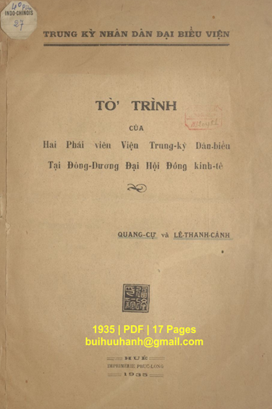 Tờ Trình Của Hai Phái Viên Viện Trung Kỳ Dân Biểu Tại Đông Dương Đại Hội Đồng Kinh Tế - Quang Cự
