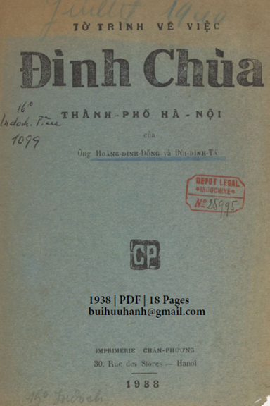 Tờ Trình Về Việc Đình Chùa Thành Phố Hà Nội (NXB Chân Phương 1938) - Hoàng Đình Đống, 18 Trang