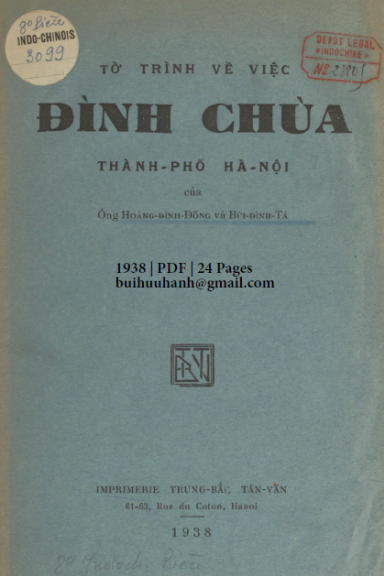 Tờ Trình Về Việc Đình Chùa Thành Phố Hà Nội (NXB Trung Bắc Tân Văn 1938) - Hoàng Đình Đống, 24 Trang