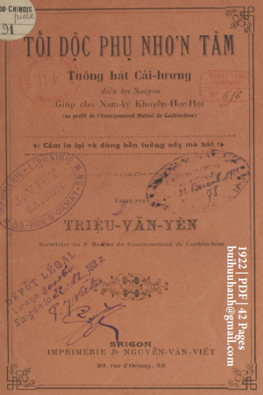 Tối Độc Phụ Nhơn Tâm (NXB Nguyễn Văn Viết 1922) - Triệu Văn Yên, 42 Trang