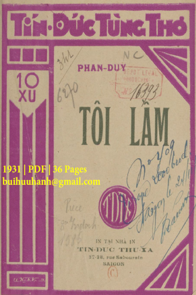 Tôi Lầm (NXB Tín Đức Thư Xã 1931) - Phan Duy, 36 Trang