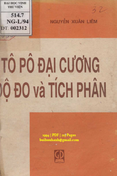 Tôpô Đại Cương Độ Đo Và Tích Phân (NXB Giáo Dục 1994) - Nguyễn Xuân Liêm, 215 Trang