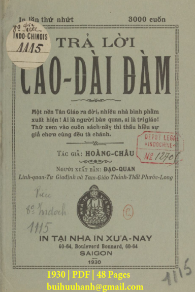 Trả Lời Cao Đài Đàm (NXB Xưa Nay 1930) - Hoàng Châu, 48 Trang