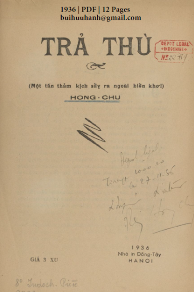 Trả Thù (NXB Đông Tây 1936) - Hồng Chu, 12 Trang