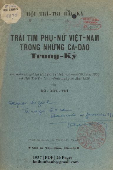 Trái Tim Phụ Nữ Việt Nam Trong Những Ca Dao Trung Kỳ (NXB Tân Dân 1937) - Đỗ Đức Trí, 26 Trang