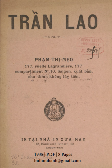 Trần Lao (NXB Xưa Nay 1935) - Phạm Thị Mẹo, 8 Trang