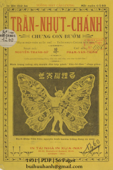 Trần Nhựt Chánh Chưng Con Bướm (NXB Xưa Nay 1931) - Nguyễn Thanh Sử, 56 Trang