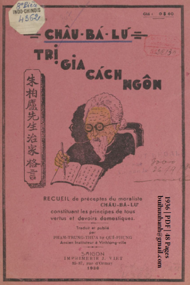 Trị Gia Cách Ngôn (NXB Nguyễn Văn Viết 1936) - Châu Bá Lư, 48 Trang