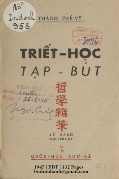 Triết Học Tạp Bút (NXB Quốc Học Thư Xã 1945) - Thành Thế Vỹ, 132 Trang