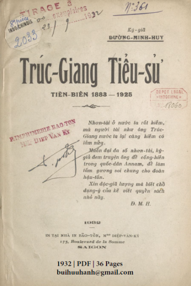 Trúc Giang Tiểu Sử Tiền Biên 1883-1925 (NXB Bảo Tồn 1932) - Đường Minh Huy, 36 Trang