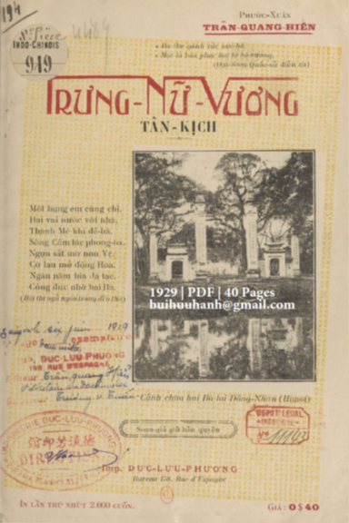 Trưng Nữ Vương Tân Kịch (NXB Đức Lưu Phương 1929) - Trần Quang Hiển, 40 Trang