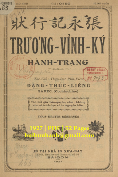 Trương Vĩnh Ký Hành Trạng (NXB Xưa Nay 1927) - Đặng Thúc Liêng, 52 Trang