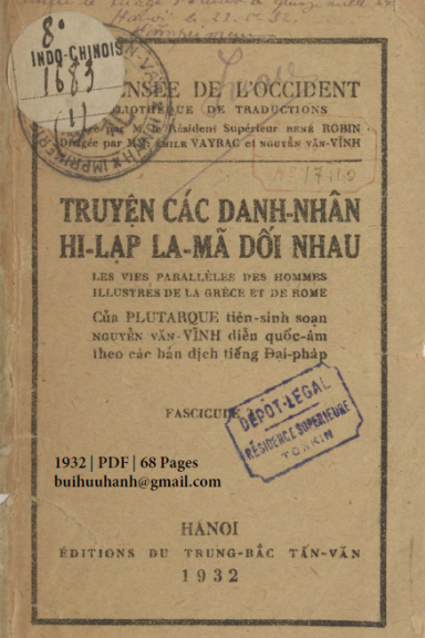 Truyện Các Danh Nhân Hi Lạp La Mã Đối Nhau Quyển 1 (NXB Trung Bắc Tân Văn 1932) - Plutarque