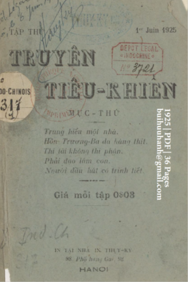 Truyện Tiêu Khiển Tập 1 (NXB Thụy Ký 1925) - Nhiều Tác Giả, 36 Trang
