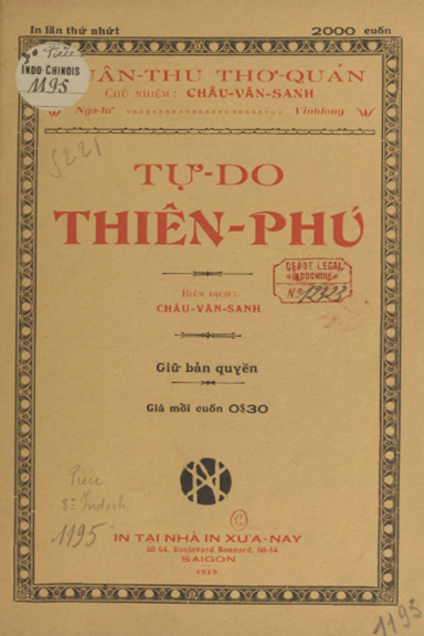 Tự Do Thiên Phú (NXB Xưa Nay 1929) - Châu Văn Sanh, 28 Trang