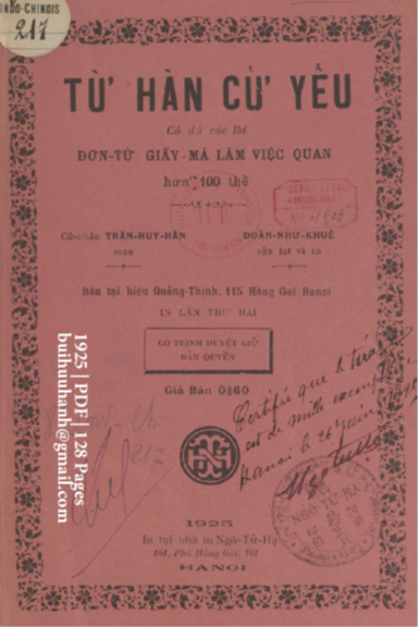 Từ Hàn Cử Yếu (NXB Ngô Tử Hạ 1925) - Trần Huy Hân, 128 Trang