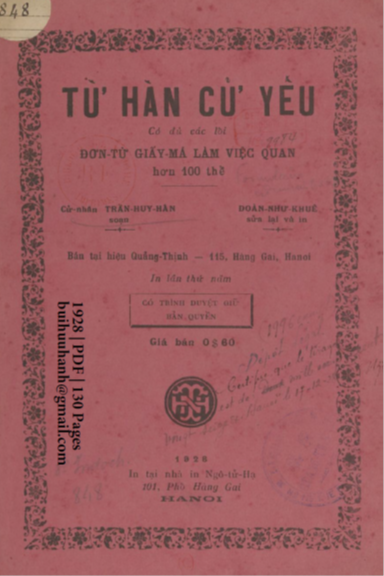 Từ Hàn Cử Yếu (NXB Ngô Tử Hạ 1928) - Trần Huy Hân, 130 Trang