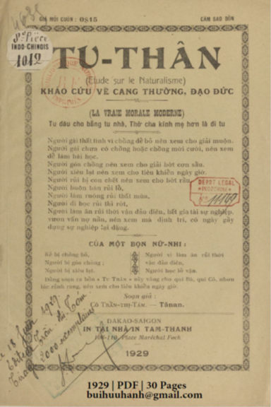 Tu Thân (NXB Tam Thanh 1929) - Trần Thị Tám, 30 Trang