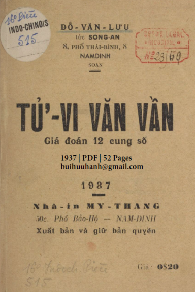Tử Vi Văn Vần (NXB Mỹ Thắng 1937) - Đỗ Văn Lưu, 52 Trang