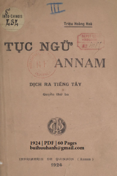 Tục Ngữ Annam Dịch Ra Tiếng Tây Quyển 3 (NXB Qui Nhơn 1924) - Triệu Hoàng Hòa, 60 Trang