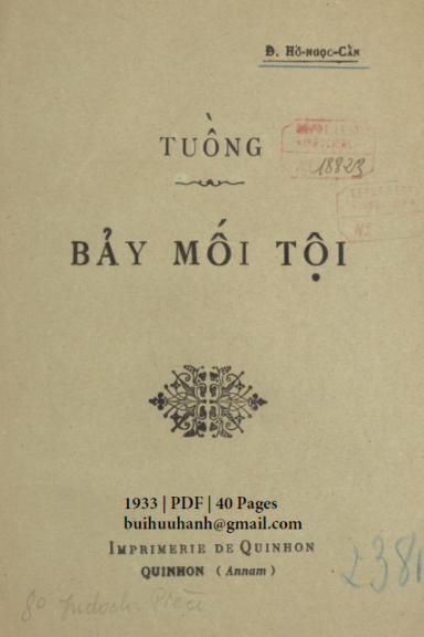 Tuồng Bảy Mối Tội (NXB Qui Nhơn 1933) - Hồ Ngọc Cẩn, 40 Trang