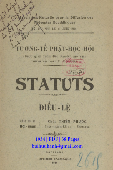 Tương Tế Phật Học Hội Điều Lệ (NXB Lý Công Quận 1934) - Nhiều Tác Giả, 38 Trang