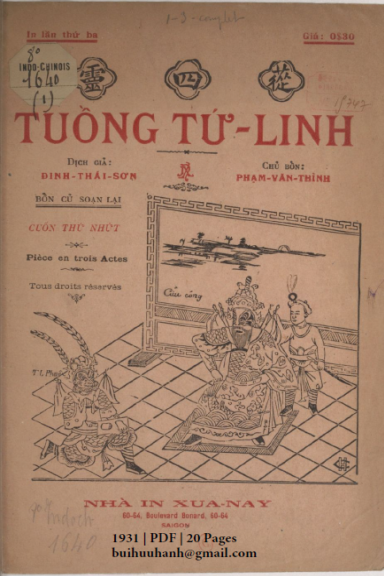 Tuồng Tứ Linh Cuốn 1 (NXB Xưa Nay 1931) - Đinh Thái Sơn, 20 Trang