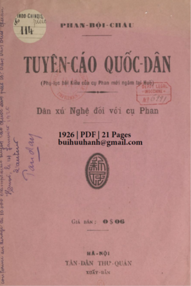 Tuyên Cáo Quốc Dân (NXB Tân Dân 1926) - Phan Bội Châu, 21 Trang