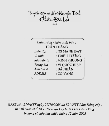 Tuyển Tập Ca Khúc Chiều Đà Lạt (NXB Lâm Đồng 2003) - Nguyễn Tánh, 51 Trang